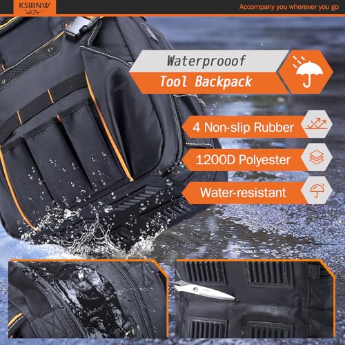 KSIBNW Tool Backpack Heavy Duty for Men, 45-Pockets Organizer Bags with Laptop Compartment,Durable Tool Carrier with Charging Port for Eelectrician Construction Mechanic Work, Black and Orange - color: Orange