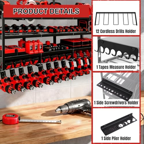 50" W Power Tool Organizer Wall Mount,Holds 12 Cordless Drills - color: Without Charging Station, size: 4-Tiers,12 Slots