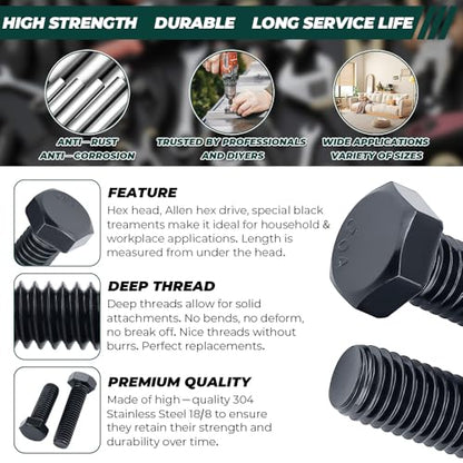 3/8-16 x 3-1/2" Hex Bolts with Nuts and Washers (6 Sets), 18-8 (304) Stainless Steel, External Hex Drive, Black Oxide Coated Hexagon Head Bolts Screws, Fayeploo - size: 3/8-16 x 3-1/2"