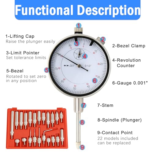 Dial Indicator with Magnetic Base and Point Precision Inspection Set, Dial Test Indicator Long Arm 0-1" Professional Gauge 0.001", Magnetic Dial Indicator Base Holder with Fine Adjustment
