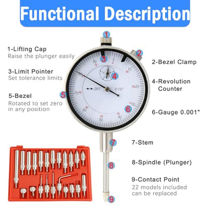 Dial Indicator with Magnetic Base and Point Precision Inspection Set, Dial Test Indicator Long Arm 0-1" Professional Gauge 0.001", Magnetic Dial Indicator Base Holder with Fine Adjustment