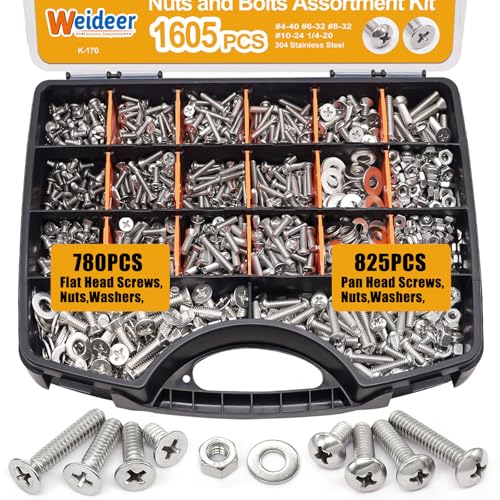 weideer 1605PCS Machine Screws Assortment Kit, 304 Stainless Steel Nuts and Bolts,Phillips Pan Head and Flat Head Screws with Nuts, Bolts,Washers,Organizer Box #4-40#6-32#8-32#10-24#1/4-20 - color: Silver, size: 1605 pcs (#4-40, #6-32, #8-32, #10-24, #1/4