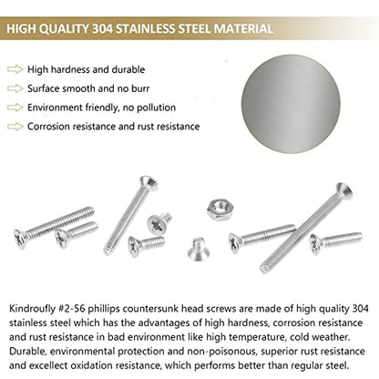 242 Pieces #2-56x 5/32", 3/16", 1/4", 5/16", 3/8", 1/2", 5/8", 3/4", 1", Phillips Countersunk Head Machine Screws Nuts Assortment Kit, 304 Stainless Steel, Fully Machine Thread - size: #2-56