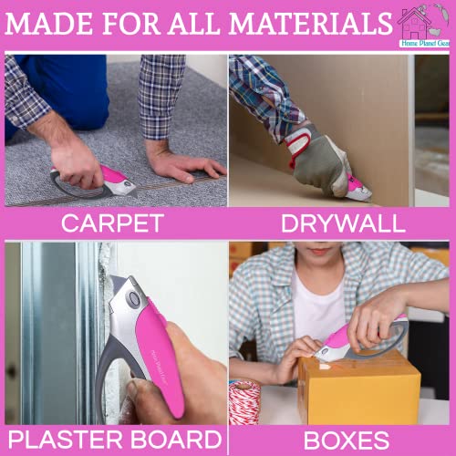 Pink Box Cutter Retractable Utility Knife - Two Pack Heavy Duty Cardboard Carton Cutter Opener Retracting - with 5 Sharp Utility Razors - color: Pink 2 Pack