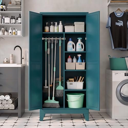 71" H Metal Storage Cabinets,Tall Pantry Cabinet with Doors,Blue Kitchen Pantry Cabinet,Garage Storage Cabinet,Food Storage Cabinet with Doors and Shelves - color: Blue, size: 71”H-C