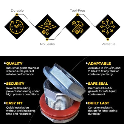 1" NPT SS304 Heavy Duty EZ Seal Weldless Bulkhead w/BUNA-N Gaskets - size: 1"-Heavy Duty - BUNA N, style: Pack of 1
