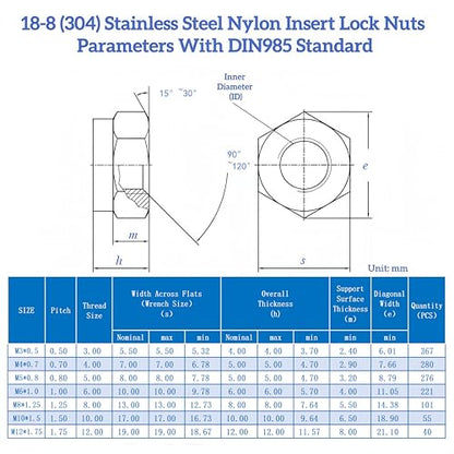 367 Pcs M3*0.5 Nylon Insert Lock Nuts, 18-8(304) Stainless Steel Machined, DIN985 Compliant, Nylon LockNuts Self-Locking Anti-Vibration for US Industrial Automotive Mechanical Construction - size: M3 367pcs, style: Metric