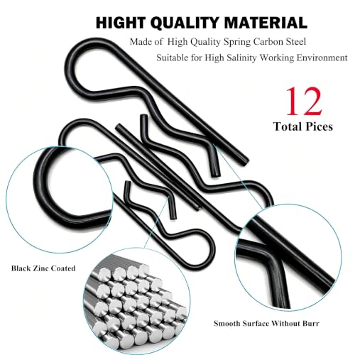 12 Pcs Black Zinc Heavy Duty Hitch Pins Clip R Clips Spring Retaining Wire Hair Pins Cotter Pin Strong Spring Grip R Clip for Trailer Tractors Mower Carts Truck Pin Clips M3x60 M3.5x75 M4x90 M5x100 - size: Black 12pcs in 4 size