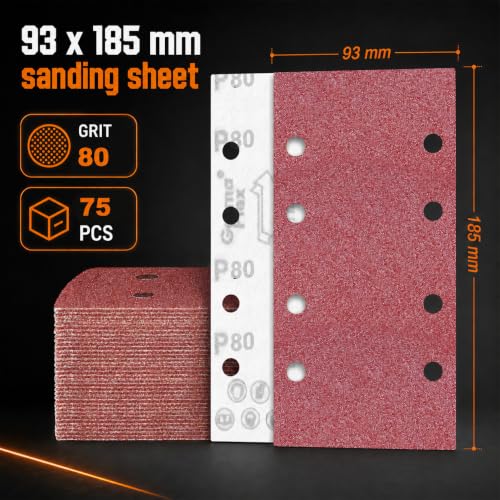 75 PCS 1/3 Sandpaper Sheets 80 Grit 8 Hole - color: GRIT 80