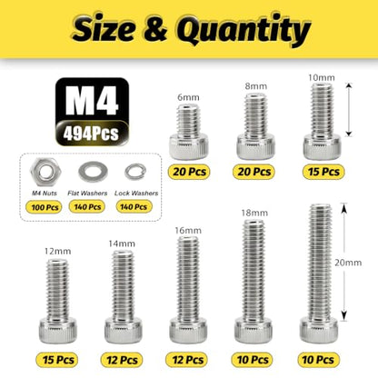 494PCS M4 Hex Socket Screw Kit,M4x6/8/10/12/14/16/18/20mm - size: SS M4 494Pcs 6-20-MM