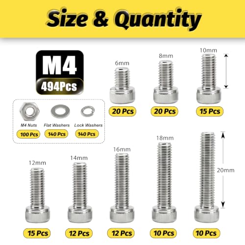 494PCS M4 Hex Socket Screw Kit,M4x6/8/10/12/14/16/18/20mm - size: SS M4 494Pcs 6-20-MM