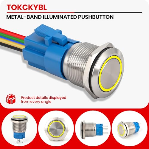 19mm Latching Push Button Switch 12V DC, IP65 Waterproof - color: Silver Stainless Shell Yellow, size: 19mm