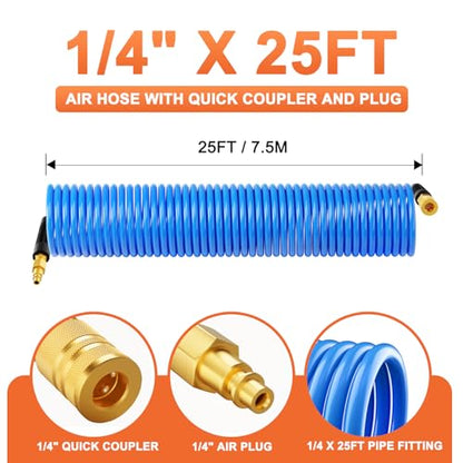 GASHER 1/4" x 25FT Polyurethane Recoil Air Hose with Bend Restrictor, 1/4" Industrial Quick Coupler and Plug - color: Blue, size: 1/4" x 25FT