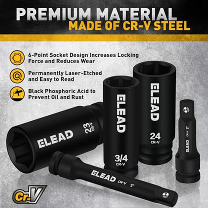 ELEAD 1/2" Drive Deep Impact Socket Set: 30-Piece Standard SAE (3/8 to 1 Inch) and Metric (10-24mm) Size, 3" and 5" Drive Extension Bar, Ratchet Handle, Bit Adapter, CR-V Steel for Auto Repair - color: 30pcs 1/2'' Drive Impact Socket Set Black