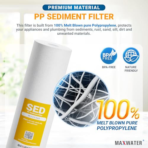 Max Water 5 Micron 20 x 4.5 Sediment Filter 20 inch Whole House BB Water Filteration System Replacement Compatible Cartridge DGD-5005-20, FP25B, AP810-6, FPMB5-20, P5-20, 155358-43, 6 Pack - size: 6 Count, style: 5 Micron