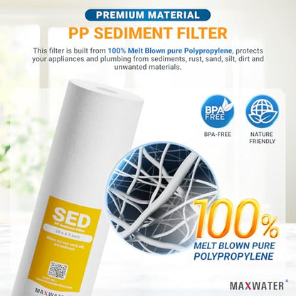 Max Water 5 Micron 20 x 4.5 Sediment Filter 20 inch Whole House BB Water Filteration System Replacement Compatible Cartridge DGD-5005-20, FP25B, AP810-6, FPMB5-20, P5-20, 155358-43, 6 Pack - size: 6 Count, style: 5 Micron