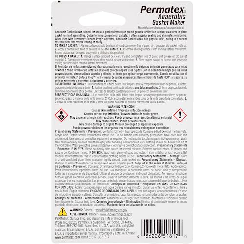 Permatex 51817 6ml Anaerobic Red Gasket Maker Tube Anaerobic with 1.13 Specific Gravity - size: Pack of 1, style: 6 ml