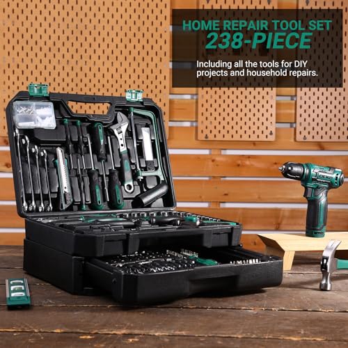 Tool Set: Tool Kit with 12V Cordless Drill, Hand Toolbox with storage case, Mechanic Tool set for Home Repairs, Green - color: Green