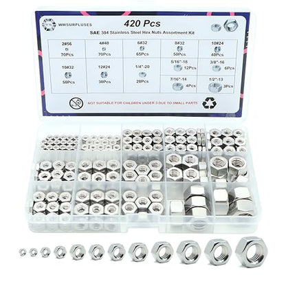 420 Pack SAE Hex Nuts Kit, 304 Stainless Steel Hex Nut Kit - size: SAE Kit---420Pcs
