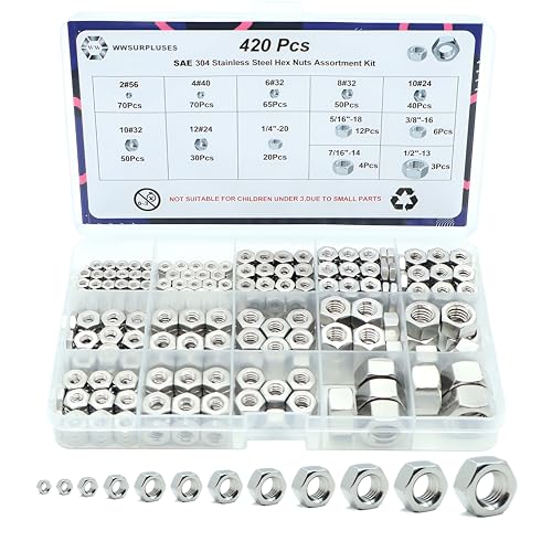 420 Pack SAE Hex Nuts Kit, 304 Stainless Steel Hex Nut Kit - size: SAE Kit---420Pcs
