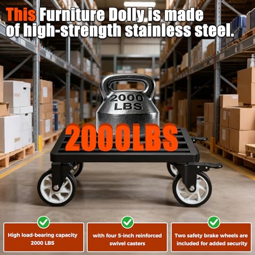 Stainless Steel Furniture Dolly, 2000lbs Capacity Heavy Duty Furniture Dolly, 5-inch Swivel casters, 24 x 18 inch Platform and Fastening Device, Safely Moving Heavy Objects - size: 24"L x 18"W x 7.5"H