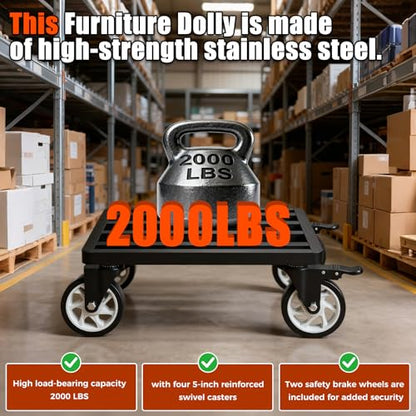 Stainless Steel Furniture Dolly, 2000lbs Capacity Heavy Duty Furniture Dolly, 5-inch Swivel casters, 24 x 18 inch Platform and Fastening Device, Safely Moving Heavy Objects - size: 24"L x 18"W x 7.5"H