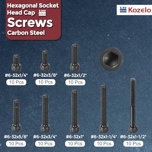 80pcs Socket Head Cap Screws Bolts Nuts Kit #6-32 Alloy Steel Black - size: #6-32x3/8" to 1-1/2"