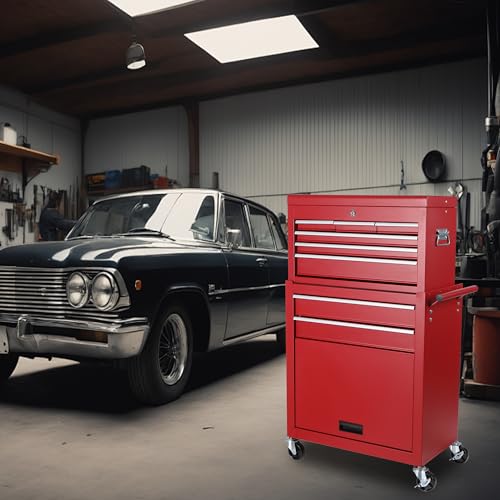 Tool Chest, 8-Drawer Rolling Tool Storage Cabinet with 2 in 1 Detachable Top Tool Box, Liner, Lockable Wheels, Side Hooks,Metal Tool Cart for Garage (8-Drawer Red) - color: 8-drawer Red