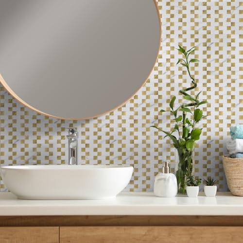 Yipscazo Peel and Stick Backsplash Tile, Stick on Stainless Steel Backsplash Metal Tiles for Kitchen Walls in Marble White Mixed Gold (12''x12'',10 Sheets) - color: Marble White mixed Gold