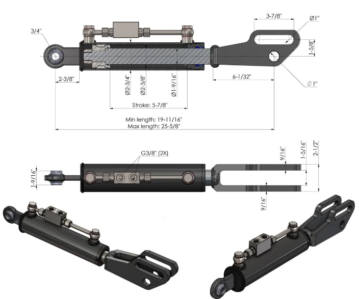 Spare Parts Holland - Hydraulic Side Link Cylinder - Min. 19-11/16" Max. 25-5/8" - size: Min-Max: 19-11/16" , 25-5/8"