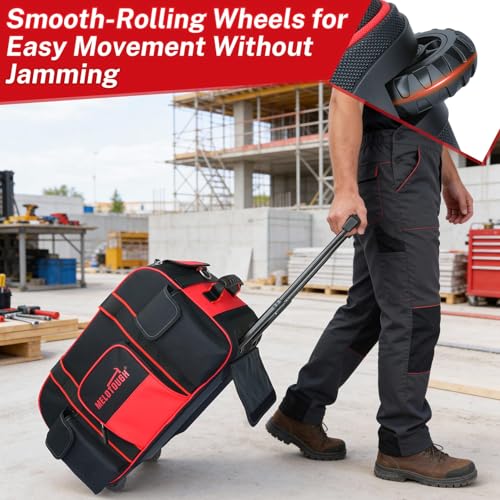 MELOTOUGH Rolling Tool Bag with Wheels, Heavy Duty Large Tool Bag with Concealed Telescoping Handle, Multi-Pocket Organizer for Construction, Electrician, HVAC, Mechanic - 4 Carrying Options (Red) - style: Rolling Tool Bag Only