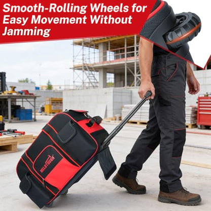 MELOTOUGH Rolling Tool Bag with Wheels, Heavy Duty Large Tool Bag with Concealed Telescoping Handle, Multi-Pocket Organizer for Construction, Electrician, HVAC, Mechanic - 4 Carrying Options (Red) - style: Rolling Tool Bag Only