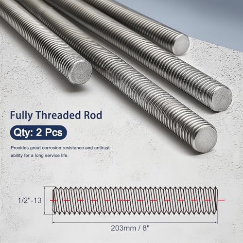 1/2"-13 Fully All Threaded Rod & Studs, 8" Length, 304 Stainless Steel Right Hand Thread Screw for Furniture Anchor Bolts, Clamps, Hangers and U-Bolts 2 Pack - size: 1/2"-13 x 8"