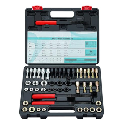 49pcs Thread Chaser Set Metric & SAE Thread Repair Kit with 22 Taps 24 Dies 3 Thread Files UNC UNF & Metric Thread Restorer Tool