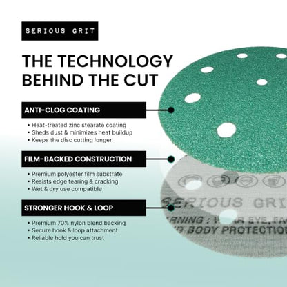 Serious Grit - 5-Inch 9-Hole P180 Grit Sanding Discs - 50 Pack Box - size: 180 Grit