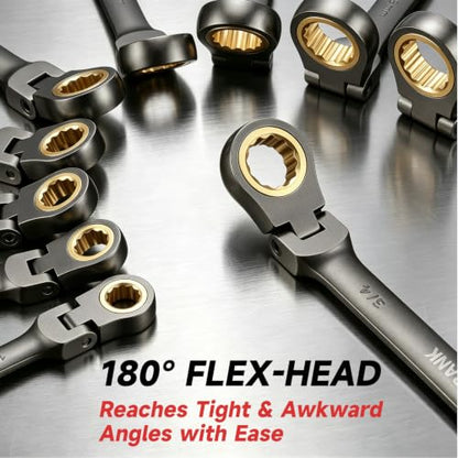 22-Piece Ratcheting Wrench Set, Flex Head Combination Wrenches Set with Organizer Box, Metric 8-19mm and SAE 1/4" to 3/4" Size, 12 Points 72-Teeth, Nickel Plating - size: Flex-head