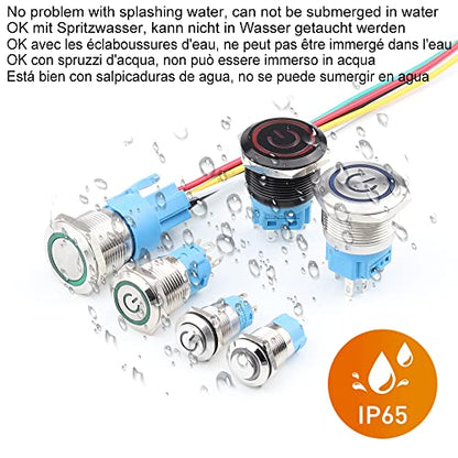 Gebildet 0.87''/22mm Stainless Steel Latching Push Button Switch SPDT 110V-220V/3A Power Symbol LED 1NO1NC ON/Off Waterproof Toggle Switch with Wire Socket Plug (Blue LED) - color: blue /110-220V