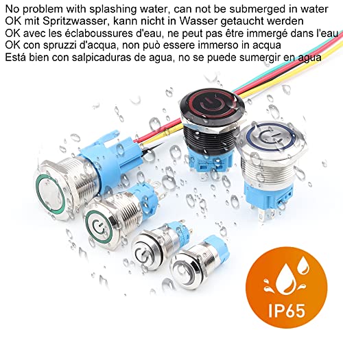 Gebildet 0.87''/22mm Blue LED Stainless Steel Latching Push Button Switch 12V-24V/5A Power Symbol LED 1NO1NC SPDT ON Off Waterproof Toggle Switch with Wire Socket Plug - color: blue /12-24V