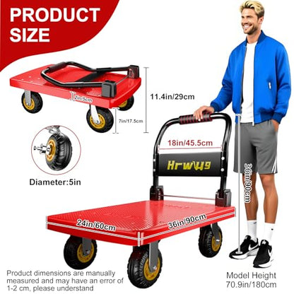Hand Cart Dolly, Push Cart with 360 Swivel 5'' Wheels, 1200LBS Capacity, Dolly Cart with Wheels Warehouse Cart for Groceries, Garage, Warehouse - Red - color: Red