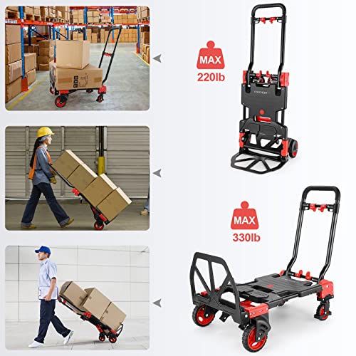 Folding Hand Truck Dolly,330lb Cart+1 Folding Basket,4 to2 Wheel Moving Red - size: 330LB Red