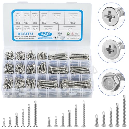 Besitu 430Pcs Self Tapping Screws for Metal, 410 Stainless Steel #8#10 Sheet Metal Screws Assortment, Truss Head & Hex Head & Pan Head Self Drilling Screws, Length 1/2" to 2" - color: Silver