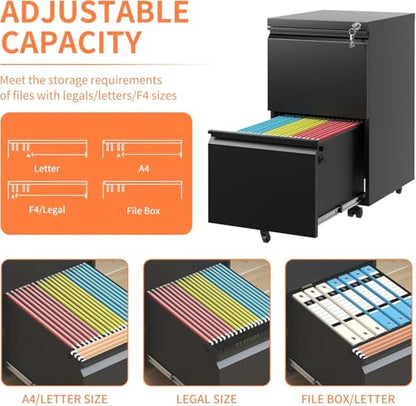 Guizeeopo 2 Drawer Locking File Cabinet, Fully Assembled Heavy-Duty Metal Filing Cabinets for Home Office, Quiet Slides, Anti-Tipping Wheels, Fits A4/Letter/Legal, Matte Black - color: 04-b Black