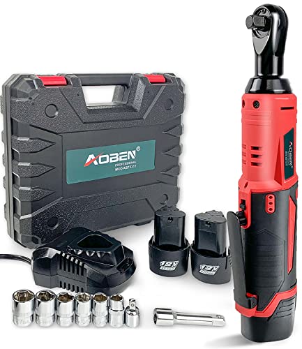 AOBEN Cordless Electric Ratchet Wrench Set, 3/8" 12V Power Ratchet Tool Kit With 2 Packs 2000mAh Lithium-Ion Battery And Charger - color: Brick Red