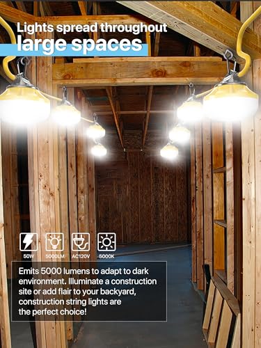 HYPERLITE Construction String Lights: 50FT 5 Bulbs Work Lights with Climbing Hooks - IP65 Waterproof Linkable LED Industrial Temporary Lighting for Construction Sites Attic Crawlspace Renovation - size: 50FT-2Prong