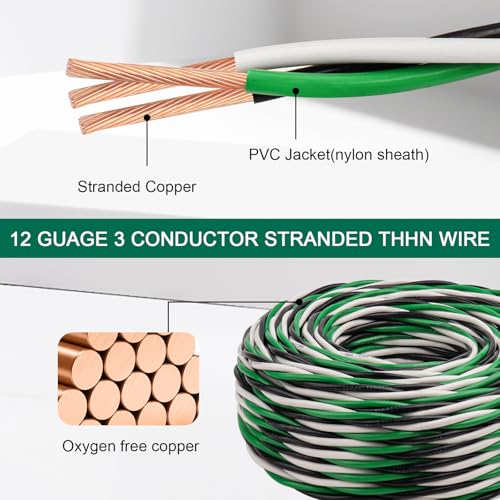 MOOKEERF THHN Wire 12 Gauge 3 Conductor (Black/White/Green) 250FT - OFC Stranded Copper 12 AWG Pre-Twisted Electrical Building Wire 600V with Nylon Jacket for Residential, Industrial, Ground, CNC - size: 12AWG 250FT