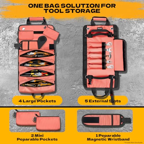 Tool Bag Roll Up Large Heavy Duty, Waterproof Oxford Fabric Tool Storage Organizer with Shoulder Strap Detachable Magnetic Wristband, Foldable Carrying Toolbag for Car Mechanic and Electrician(Pink) - color: Pink