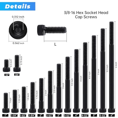 Glvaner 3/8"-16 x 4 (8 pcs) Socket Head Cap Screws, 12.9 Grade Alloy Steel, Black Oxide Finish, Partial Thread UNC, Allen Hex Drive - size: 3/8-16 x 4"