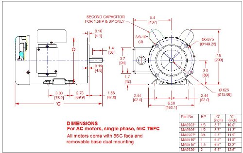 Hallmark Industries AC Motor, 1/3 HP, 3450RPM, 1 Phase, 115/230V (MA0503B) - size: 1/3 HP, 3450RPM, 1 phase, 115/230V