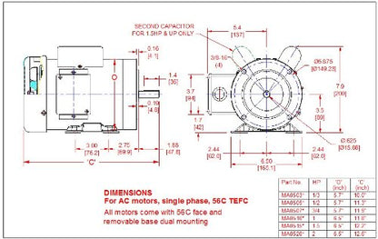 Hallmark Industries AC Motor, 1/3 HP, 3450RPM, 1 Phase, 115/230V (MA0503B) - size: 1/3 HP, 3450RPM, 1 phase, 115/230V