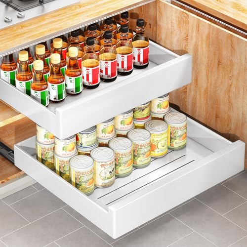 Pull Out Cabinet Organizer with Nano Adhesive, Heavy Duty Full-Extension Slide-Out Drawer for Kitchen Cabinet Organizers and Storage, No Drill Roll out Pantry Shelf, 22.4"W x 16.9"D x 3.1"H , White - color: White, size: 22.4" Wide-16.9"Deep (1Pack）
